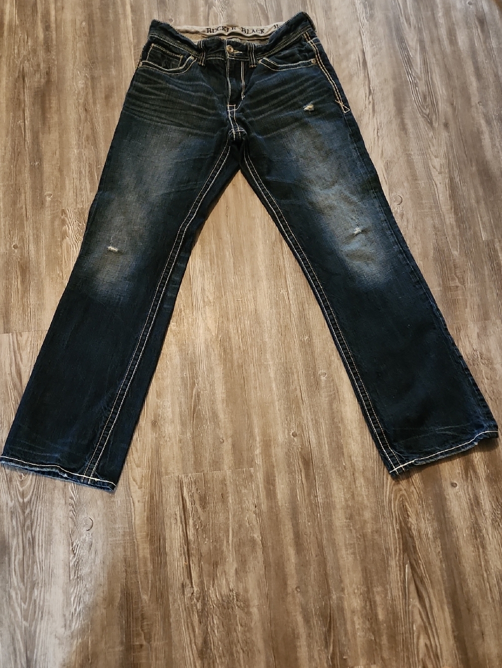 Buckle Men's Dark Blue Bootcut Jeans with White Contrast Stitching